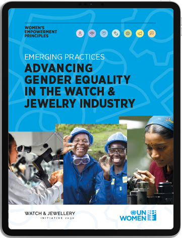 Tablet screen showing a document titled Advancing Gender Equality in the Watch & Jewelry Industry